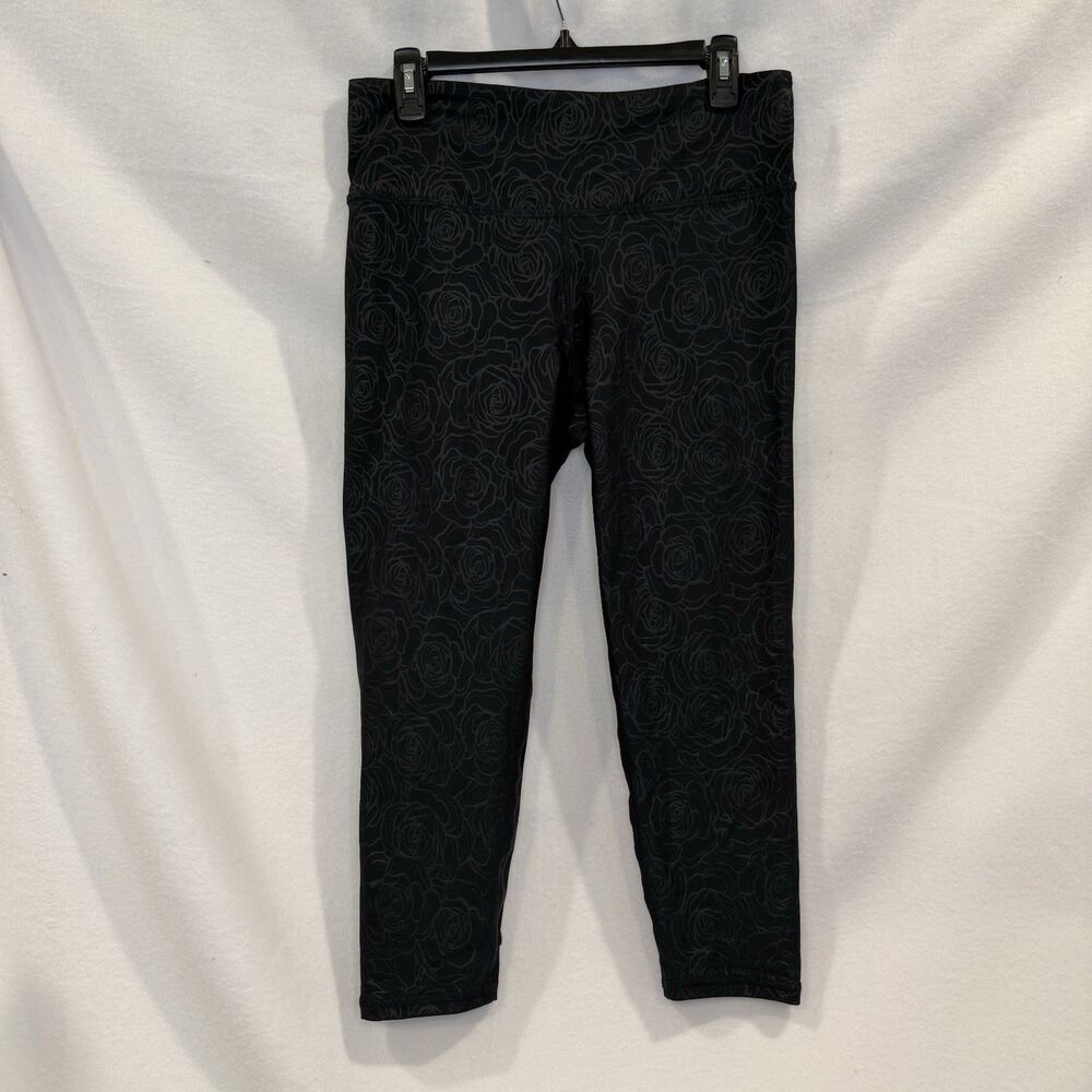 Fabletics‎ Large Leggings Womens Black Metallic Rose Floral Foil